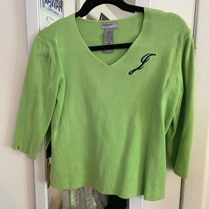 Vintage Y2K Lime Green J Initial Sweater with 3/4 Length Sleeves
